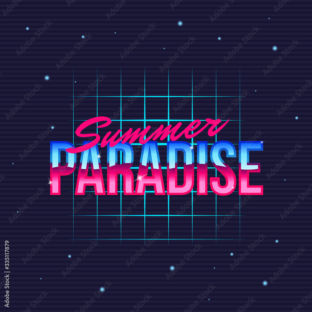 Summer Paradise retro futuristic glow logo. Neon logo design. Vector Print for T-shirt, typography.