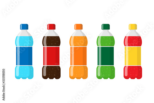 Plastic bottle package set with blue water red brown orange green soda beverage and labels. Carbonated drink with bubbles in tare flat isolated vector illustration