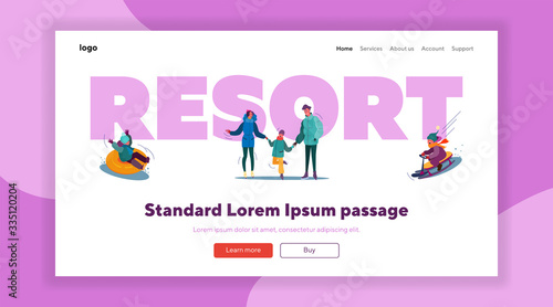 Winter ski resort set. Families, kids skating on ice, sleighing, mountain landscape with chalets. Flat vector illustrations. Vacation, holiday concept for banner, website design or landing web page