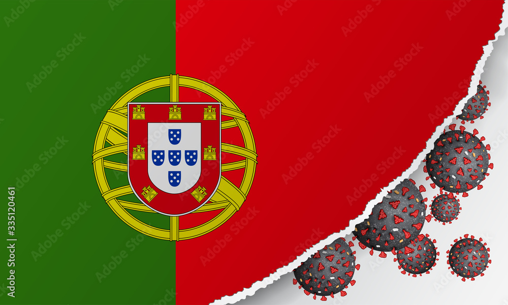 Flag of Portugal with outbreak deadly coronavirus covid-19. Banner with the spread of Coronavirus 2019-nCoV. Large bacteriums against background of the national flag. Concept of coronavirus quarantine