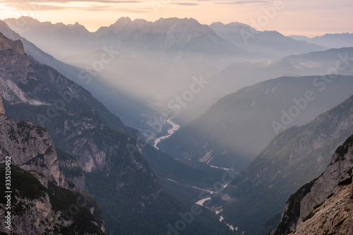 Aerial view of Cadore di Misurina photographed at sunrise. A small town famous for its lake and the nearby three peaks of Lavaredo