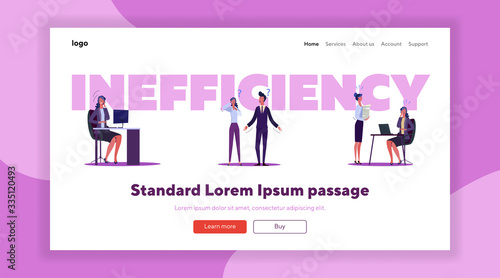 Inefficient employees set. Confused irresponsible employees throwing papers, shrugging. Flat vector illustrations. Business losers, failure concept for banner, website design or landing web page