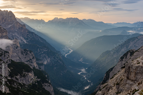 Aerial view of Cadore di Misurina photographed at sunrise. A small town famous for its lake and the nearby three peaks of Lavaredo