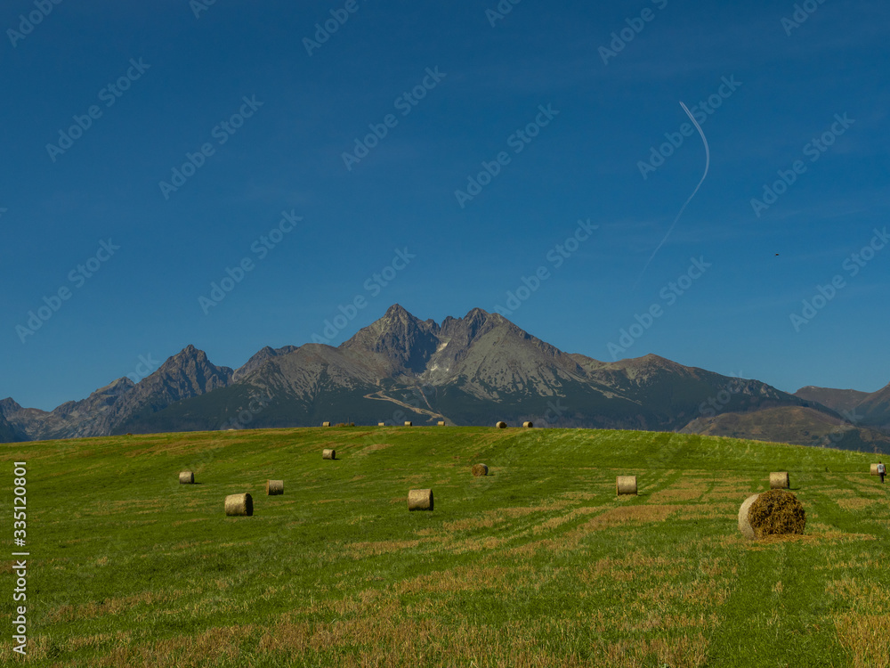 Beautiful summer panorama over Spisz highland with sheaves of hay to Tatra mountains, Poland