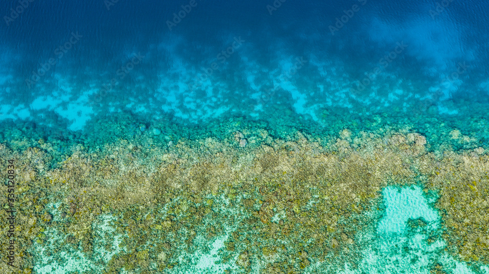 Fototapeta premium Aerial view: blue sea and coral reef