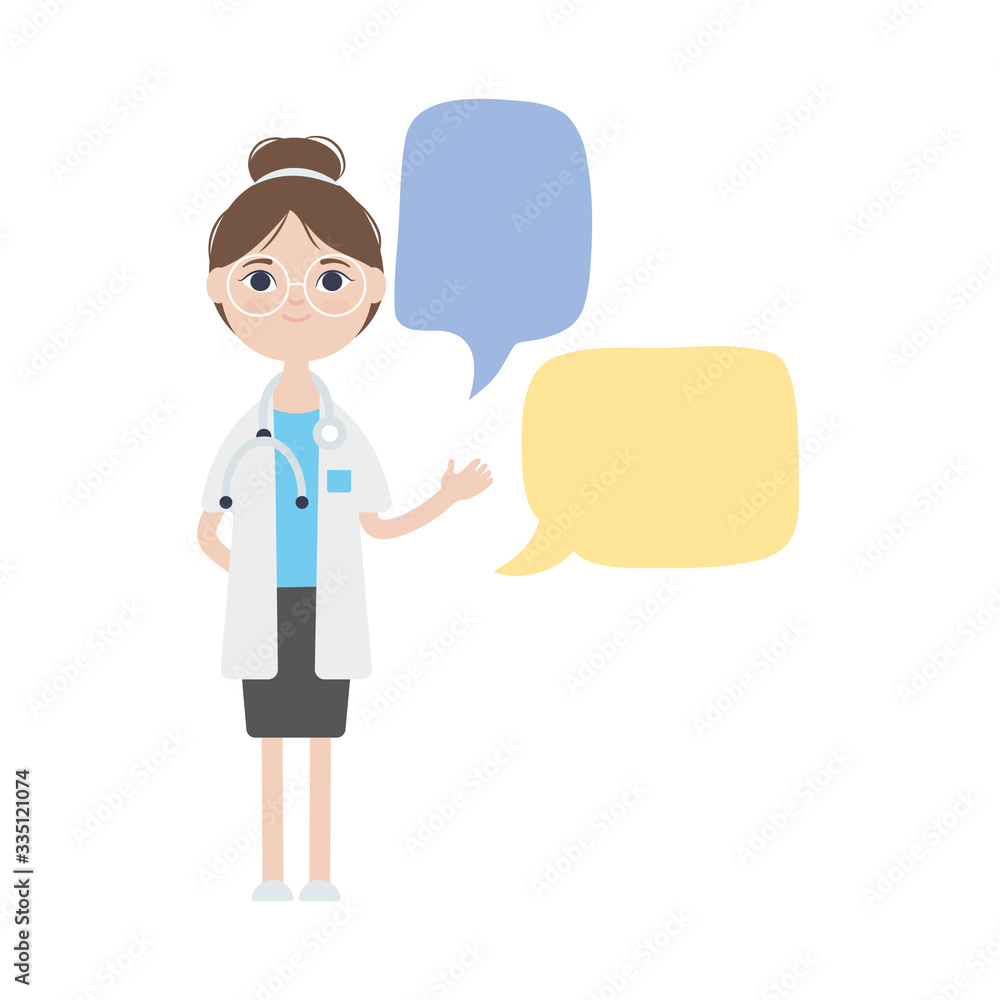 cartoon young doctor woman and speech bubbles icon, flat style