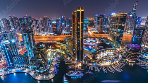 The beauty of skyline at night in Dubai Marina just from the top