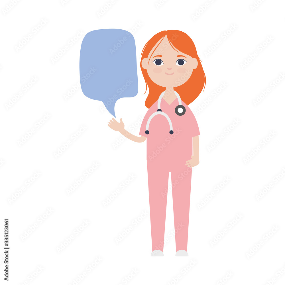 cartoon doctor woman standing and speech bubble icon, flat style cartoon doctor woman standing and speech bubble icon, flat style