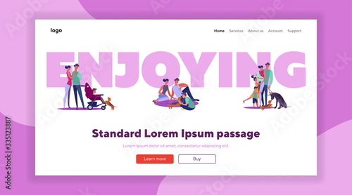 Families enjoying leisure set. Citizens walking or running outside, apartment houses facade. Flat vector illustrations. Lifestyle, real estate concept for banner, website design or landing web page