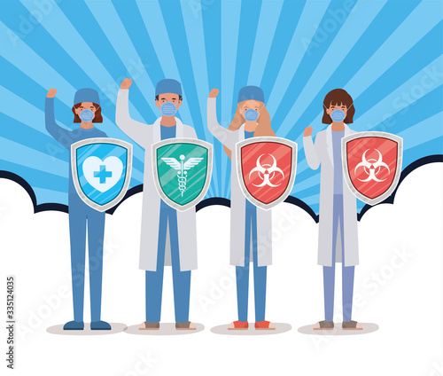 women and men doctors with shield 2019 ncov virus vector design