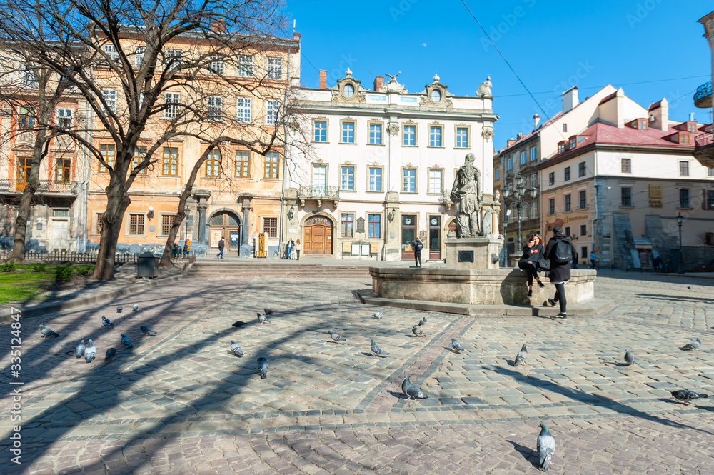 Lviv, Ukraine, 2 april 2020. Old Town area is visually deserted, amid coronavirus (COVID-19) concerns. Empty streets of Lviv.