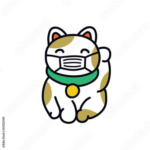 maneki neko in a protective mask doodle icon, vector illustration