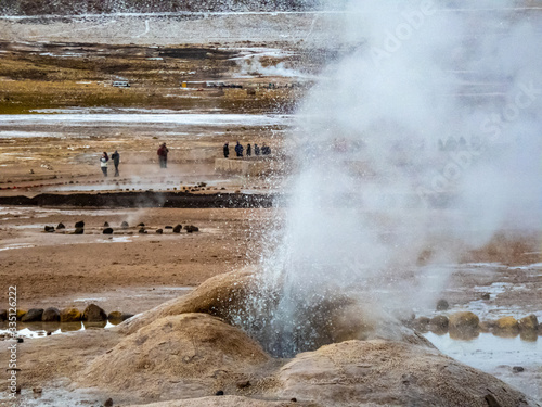 Beautiful landscape of geysers of El Tatio in winter and snowy.
