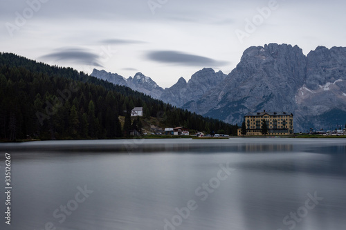 Panoramic view of Lake Misurina on a cloudy autumn day