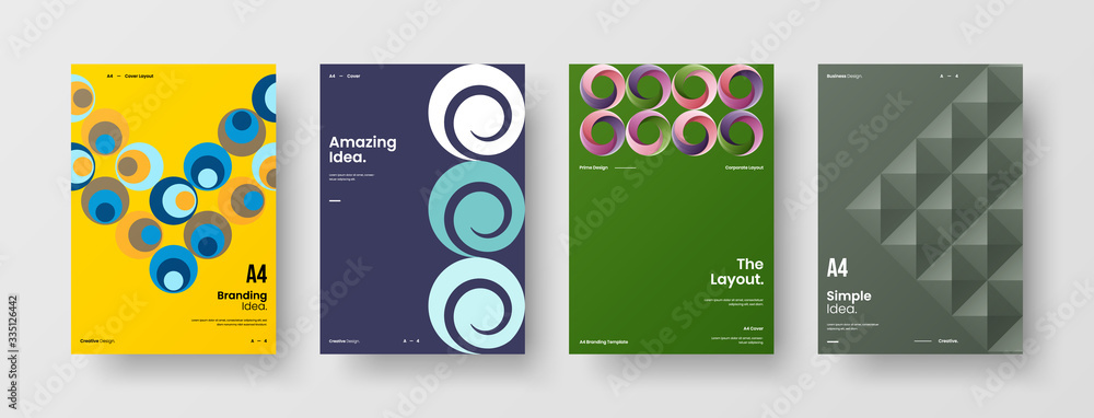 Naklejka premium Company identity brochure template collection. Business presentation vector A4 vertical orientation front page mock up set. Corporate report cover abstract geometric illustration design layout bundle.