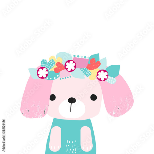 Cute pink dog with floral wreath. Childish cute print. Vector hand drawn illustration.