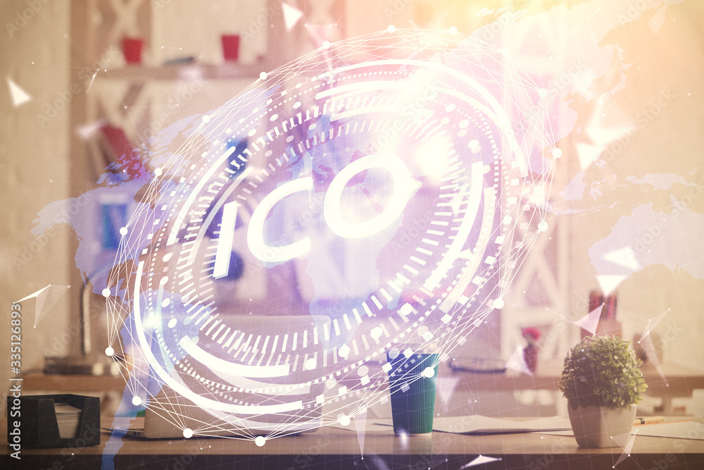 Obraz premium Double exposure of crypto technology theme drawing and office interior background. Concept of blockchain.