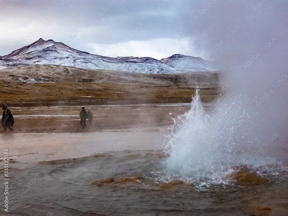 Beautiful landscape of geysers of El Tatio in winter and snowy.