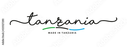 Made in Tanzania handwritten calligraphic lettering logo sticker flag ribbon banner