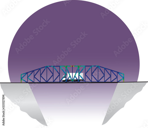 Finite element analysis of a bridge between two cliffs being crossed by a truck - violet background