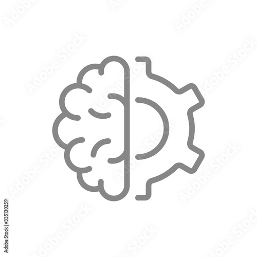 Human brain with gear wheel line icon. Engineering, robot technology thinking symbol