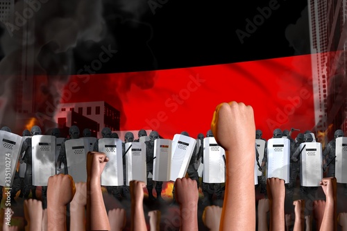 demonstration fighting concept - protest in Germany on flag background, police special forces stand against the protesting crowd -  military 3D Illustration
