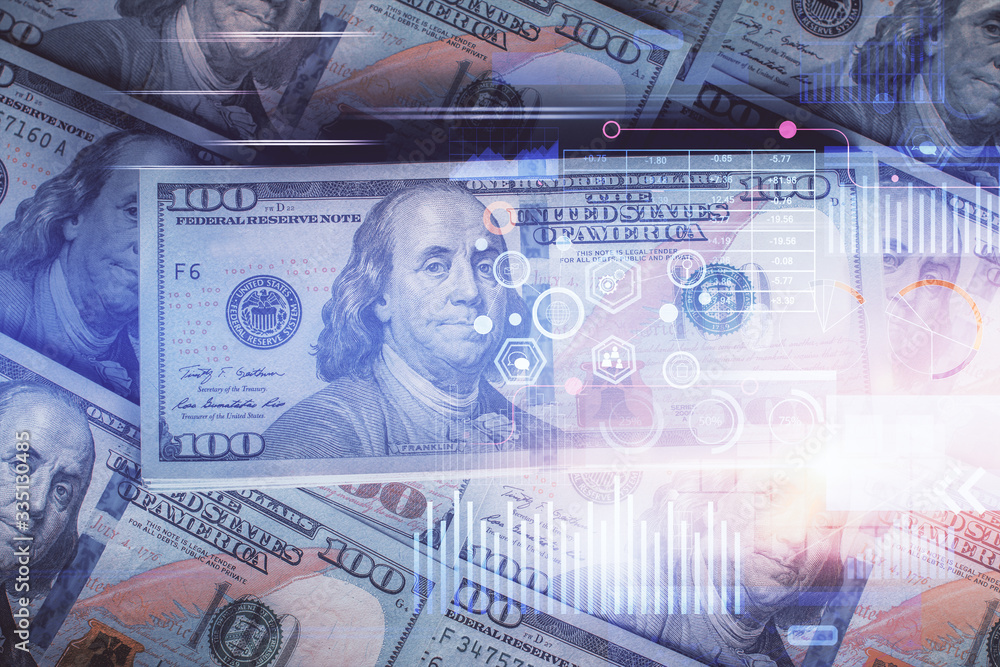 Fototapeta premium Double exposure of data theme drawing over us dollars bill background. Technology concept.