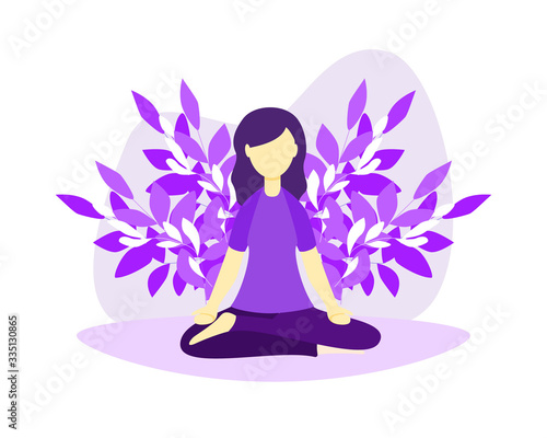 Relaxation techniques vector illustration. Female person sitting in yoga lotos position and enjoy calm, harmony and peace. Alternative medicine for vitality or healthy lifestyle and soul fulfillment