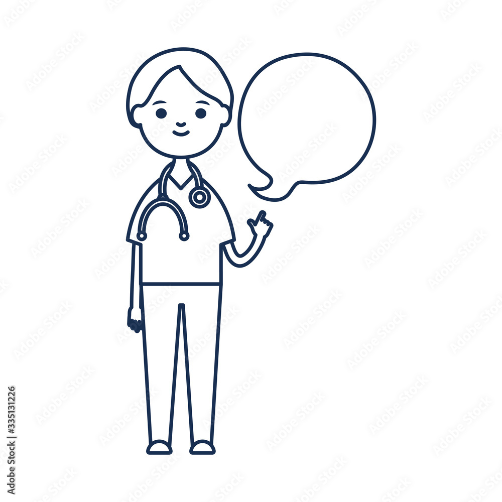 cute doctor standing with speech bubble icon, line style cute doctor standing with speech bubble icon, line style