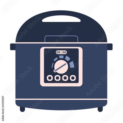 Flat vector multicooker machine icon, crockpot. Cute blue and pink vector kitchen appliance, cooking equipment with display and buttons for healthy eating logo design, recipe decoration