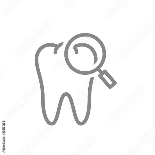 Tooth with magnifying glass line icon. Organ research, health analyzes, disease prevention symbol