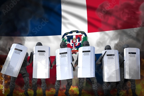 Wallpaper Mural Dominican Republic police special forces in heavy smoke and fire protecting order against demonstration - protest stopping concept, military 3D Illustration on flag background Torontodigital.ca