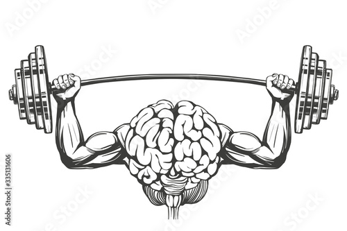 brain with strong hands, brain training, icon cartoon hand drawn vector illustration sketch