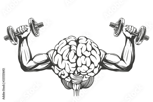 brain with strong hands, brain training, icon cartoon hand drawn vector illustration sketch