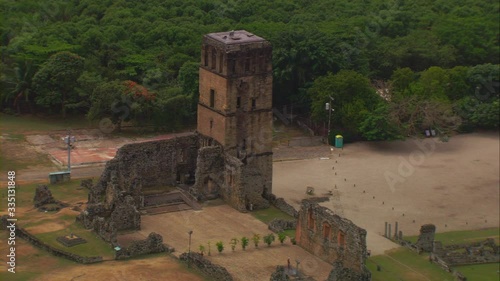 PANAMA CITY, PANAMA, APRIL 13, 2015: Aerial view of the ruins of the archaeological site of Panama Viejo, half day, camera rotates around and away from the Cathedral of Our Lady of the Assumption