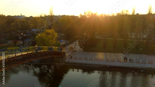 man on the bridge drone sunset video, 4k video