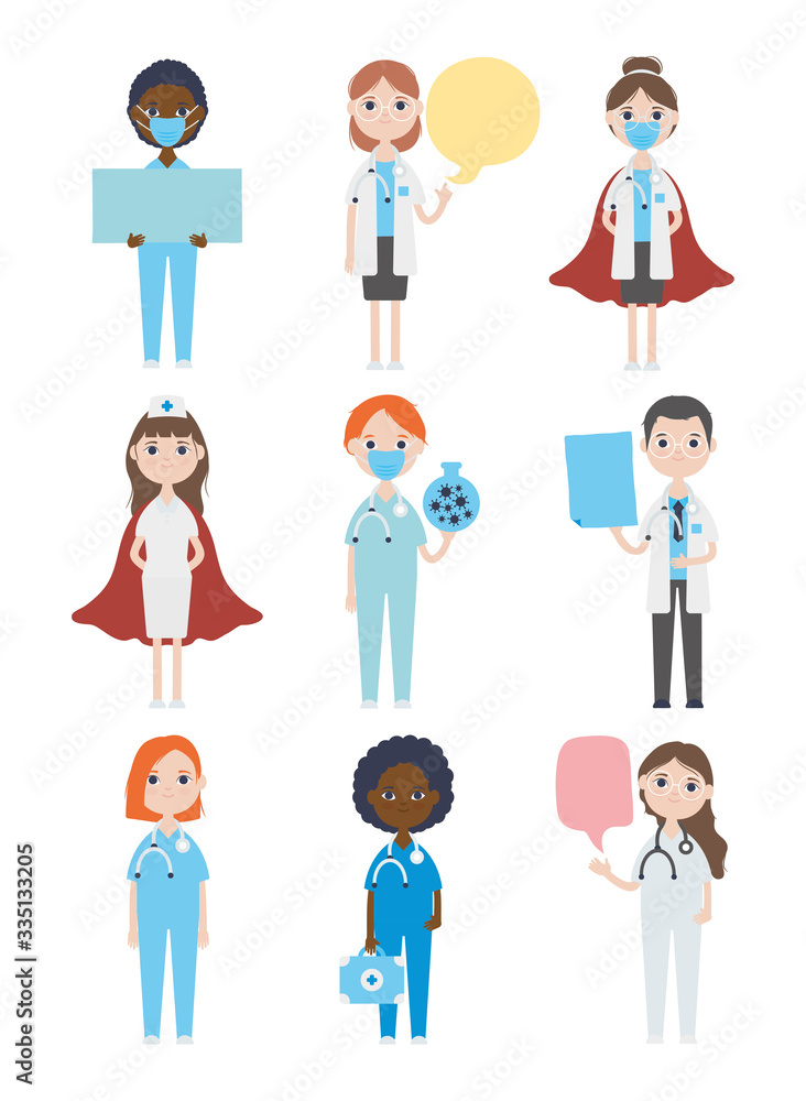 cartoon doctors and medical staff icon set, flat style