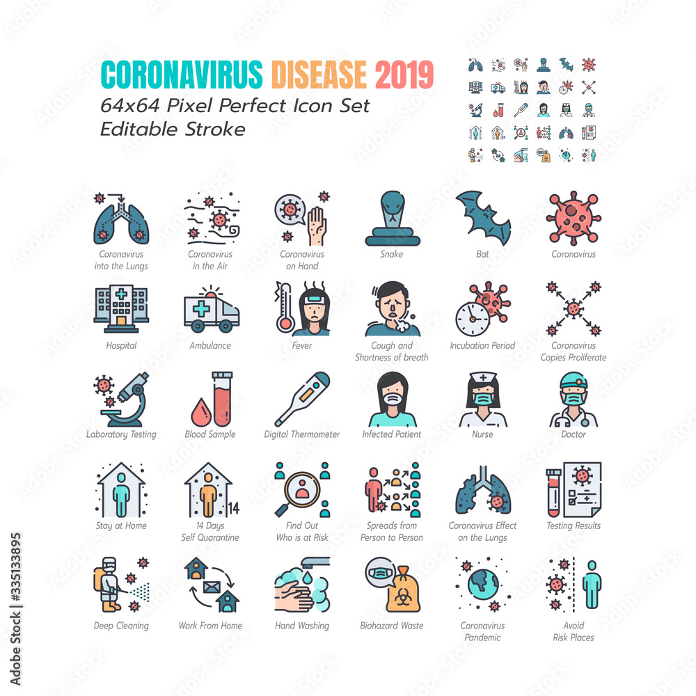 Fototapeta premium Simple Set of Coronavirus Disease 2019 Covid-19 Filled Outline Icons. such Icons as Symptoms, Infection,Testing, Social Distancing, Stay Home, Quarantine. 64x64 Pixel Perfect Editable Stroke. Vector