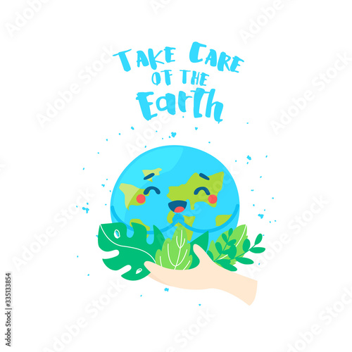Cute cartoon planet in human hand with palm leaves. Take care of the Earth. Flat style. Vector card.