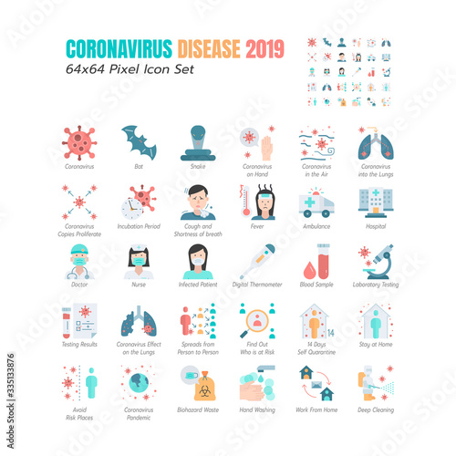Simple Set of Coronavirus Disease 2019 Covid-19 Flat Icons. such Icons as Symptoms, Infection, Laboratory Testing, Social Distancing, Stay Home, Quarantine. Positive Test Result. 64x64 Pixel. Vector