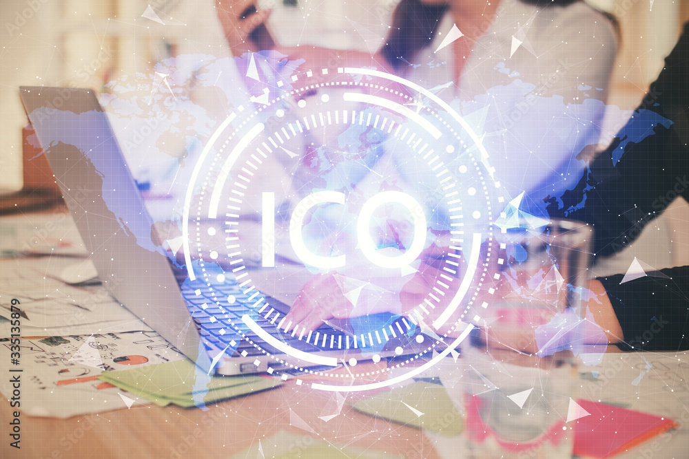 Double exposure of woman hands typing on computer and crypto market theme hologram drawing. Blockchain concept.