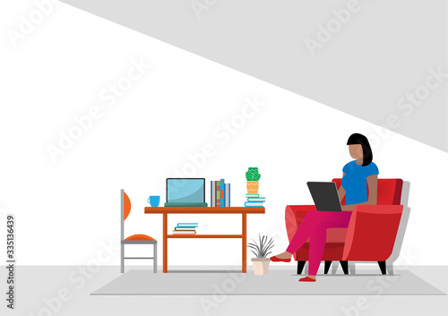 Flat design vector of  woman doing work at the laptop computer in office.She is sitting on a chair behind computer with picture,clock,lamp,Vector Graphic designer and workplace concept.