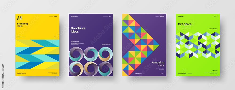 Naklejka premium Company identity brochure template collection. Business presentation vector A4 vertical orientation front page mock up set. Corporate report cover abstract geometric illustration design layout bundle.