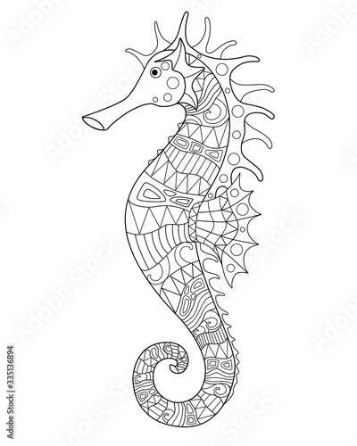 Seahorse - an inhabitant of the ocean - vector antistress coloring book. Seahorse fish with marine pattern for coloring. Outline. Linear picture about life in the ocean.