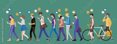 Flat design, Group of young people using smartphones sending and receiving emojis. Vector