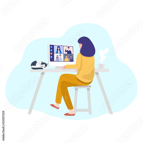 Video conferencing at home, Woman having video call meeting with clients at home. Vector
