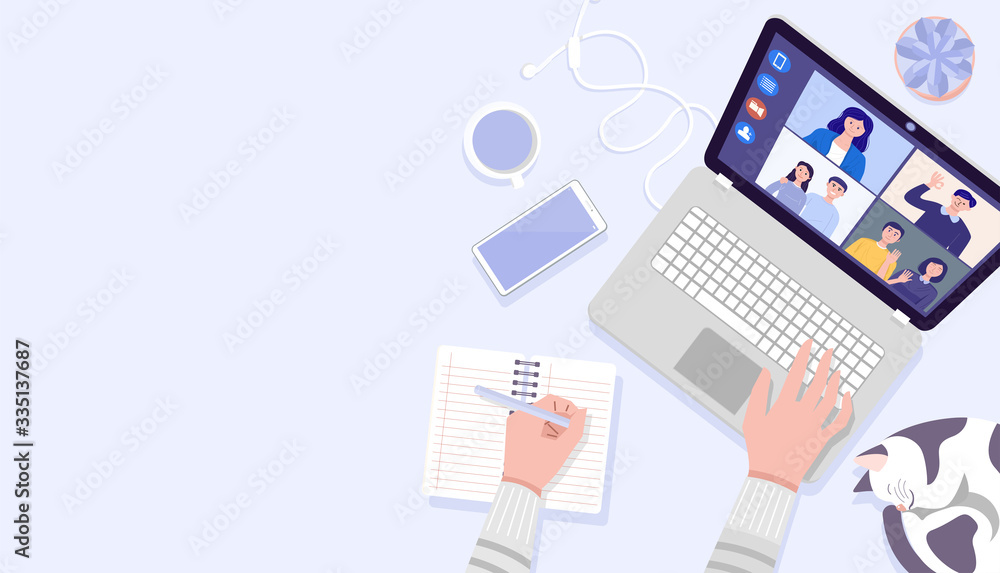 Top view of man's hands using laptop for Video Conferencing at home. Vector Top view of man's hands using laptop for Video Conferencing at home. Vector