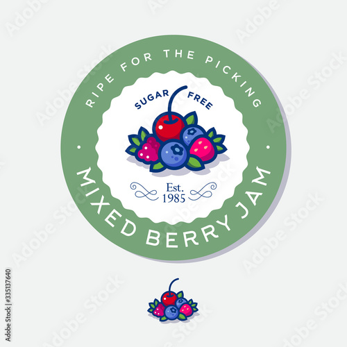Label for mixed berry jam. Round sticker for jar with berries, leaves and letters in a circle. Original berries illustration.