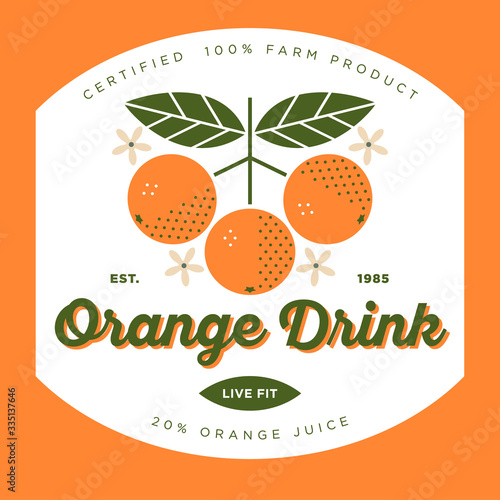 Orange drink with juice. Healthy fruit beverage. Oranges fruits with leaves and flowers. Simple fruit Illustrations.