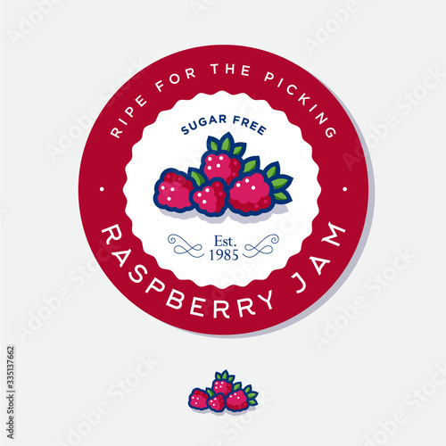 Label for raspberry jam. Round sticker for jar with berries, leaves and letters in a circle. Original berries illustration.